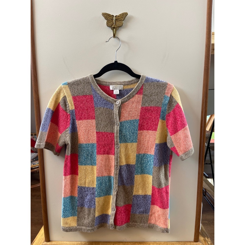 Christopher & Banks Short Sleeve Patchwork Knit Cardigan Sweater Multi Color S